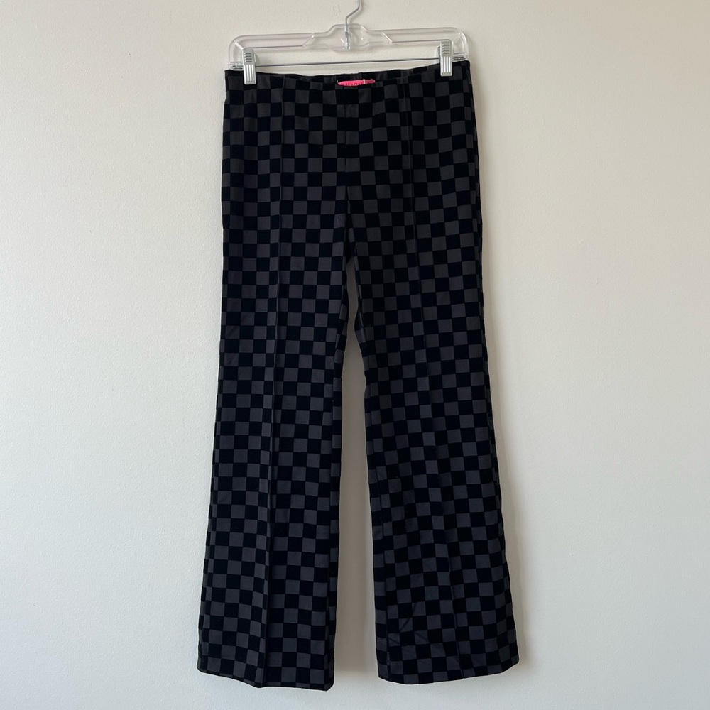 Vilagallo Black Velvet Velour Flocked Checkered Pants NWT Size 40